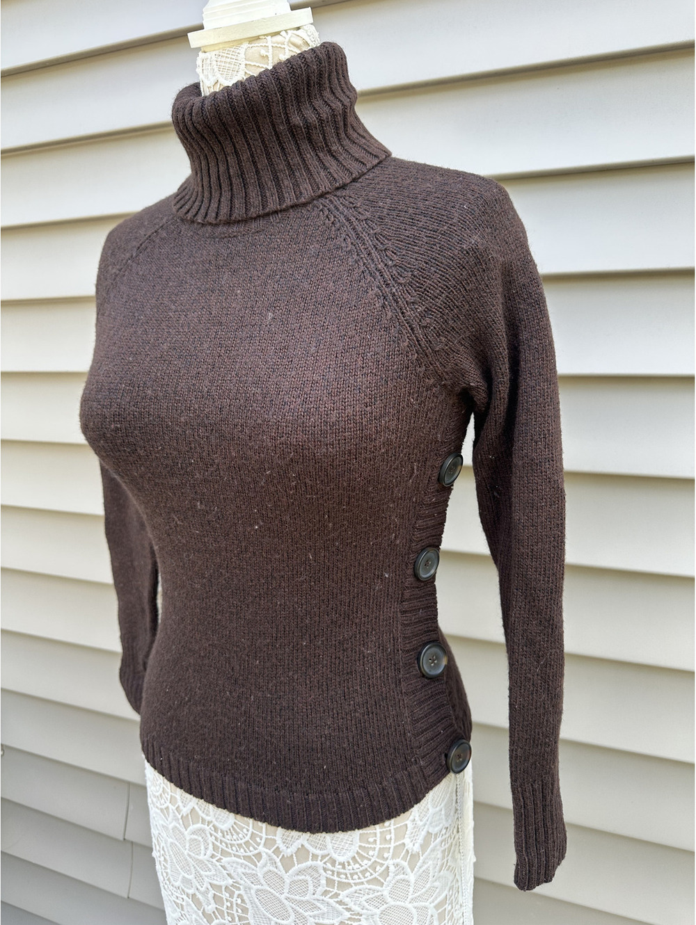 The Limited Brown Turtleneck Sweater with Side Button Detail